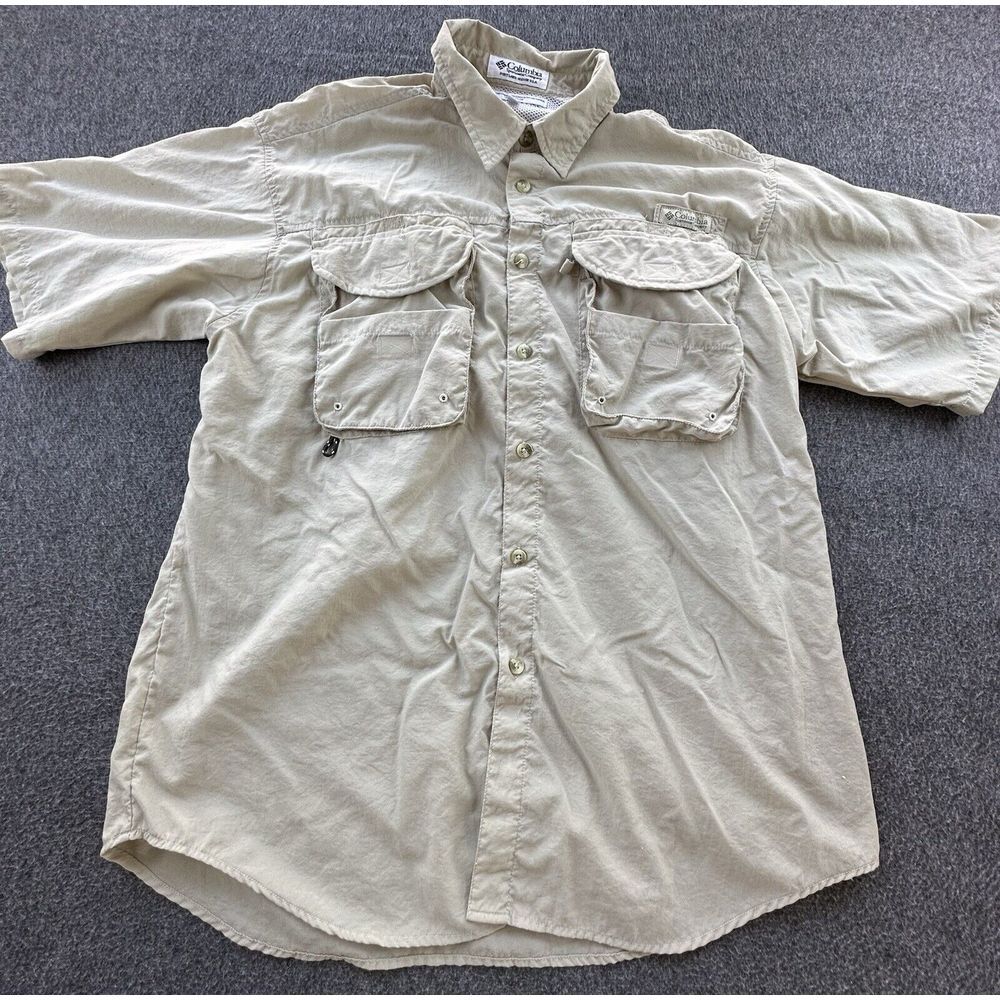Columbia PFG Shirt Mens Large Beige Button Down Short Sleeve Vented Fishing